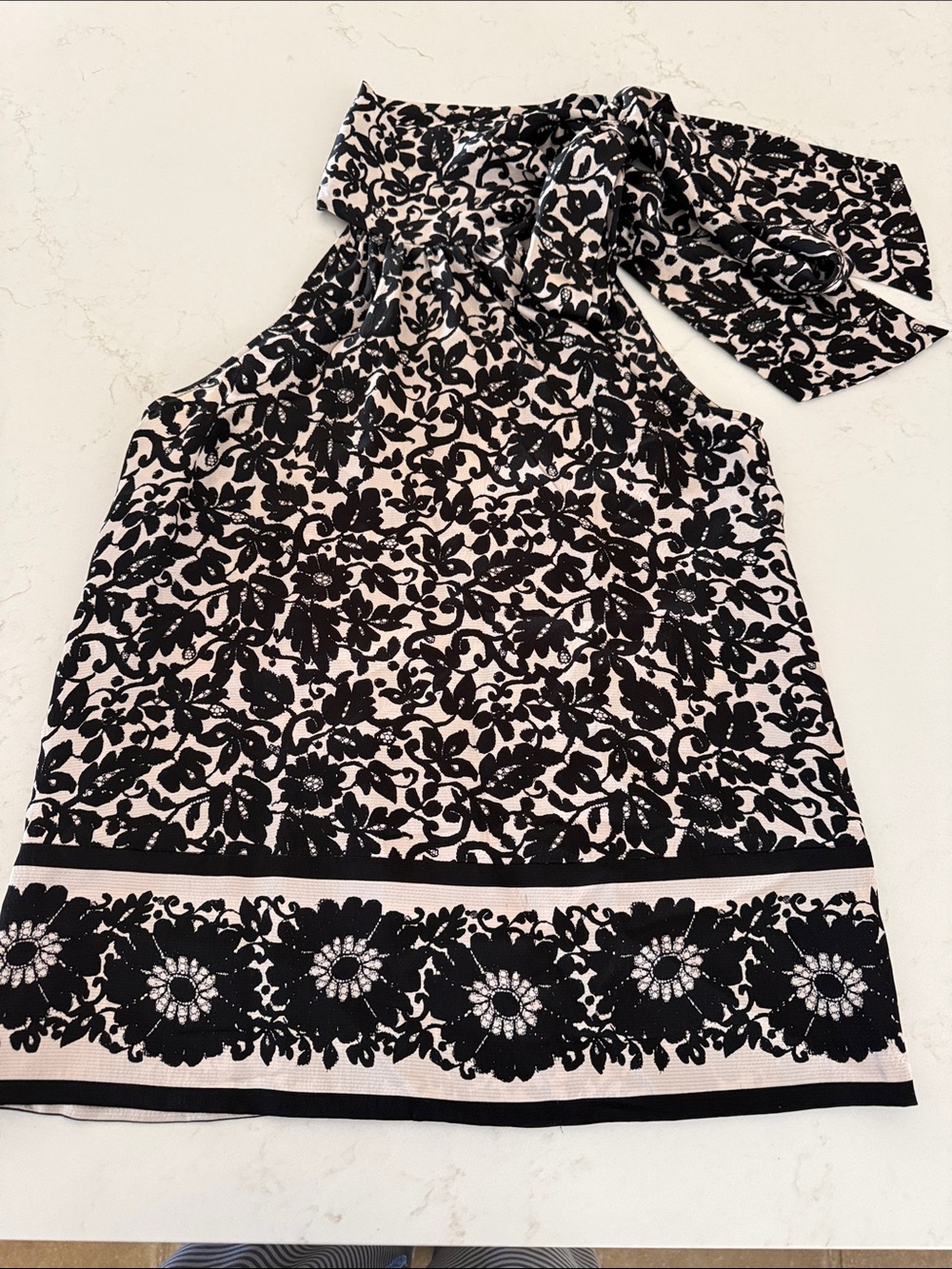 Diane Von Furstenberg Black and Cream Floral One-Shoulder Tie Top